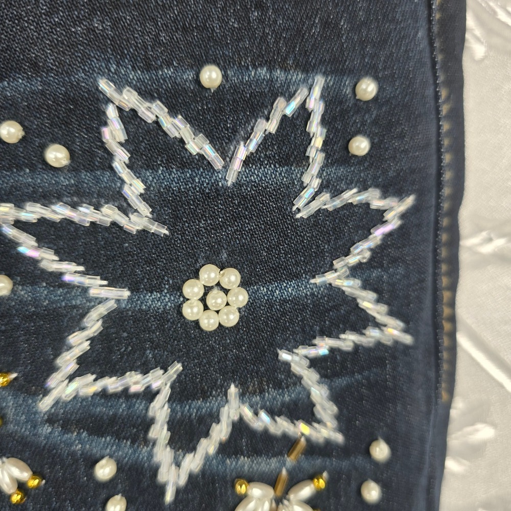 NWC‎ The Needlework by Sonny Chugani Jeans Women 34 Dark Blue Flare Leg Beaded - Picture 11 of 16